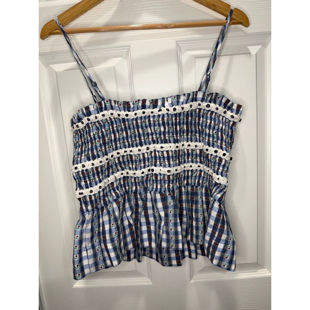 Damson Madder Blue Gingham Rose Smocked Ruffle Cami Top Size UK 16 / US 12 NWT - Picture 8 of 10